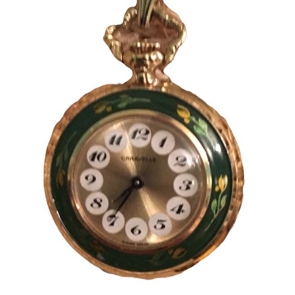 Vintage Caravelle Necklace watch green enamel bird flowers - Picture 5 of 15
